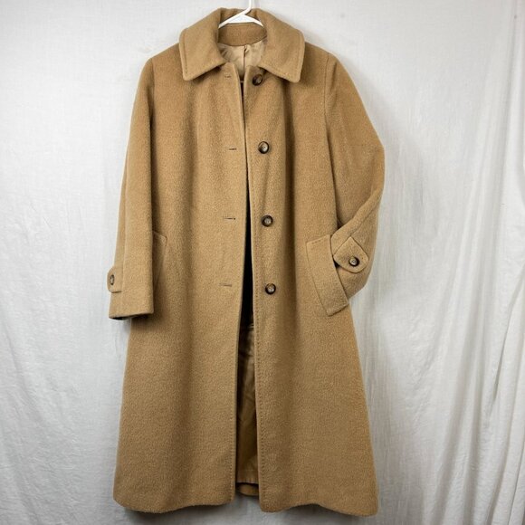 Vintage 100% Wool Mohair Long Trench Coat Sz Medium Camel Tan Overcoat Single - Picture 1 of 14